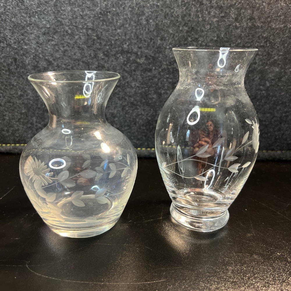 (2) Princess House Heritage 4.5" 5" Flower Vase Etched Floral Clear Glassware